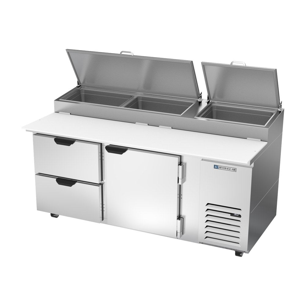 Beverage Air DPD72HC-2 72" one door and two drawers pizza prep table, side angle view, door closed