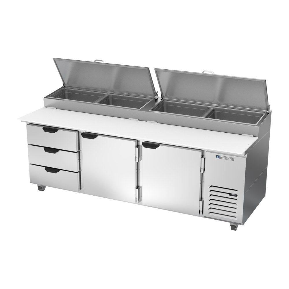 Beverage Air DPD93HC-3 93" two doors and three drawers pizza prep table, side angle view, doors closed