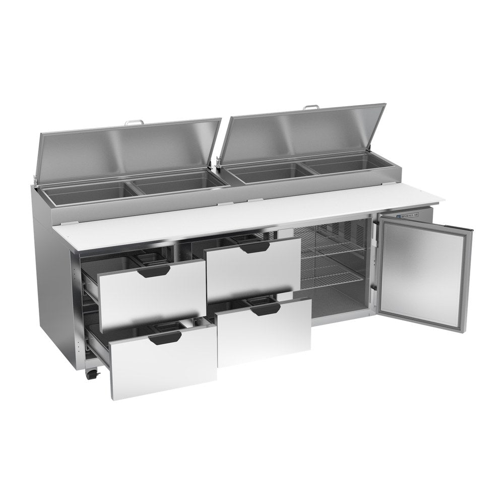 Beverage Air DPD93HC-4 93" one door and four drawers pizza prep table, with the door open showing the interior