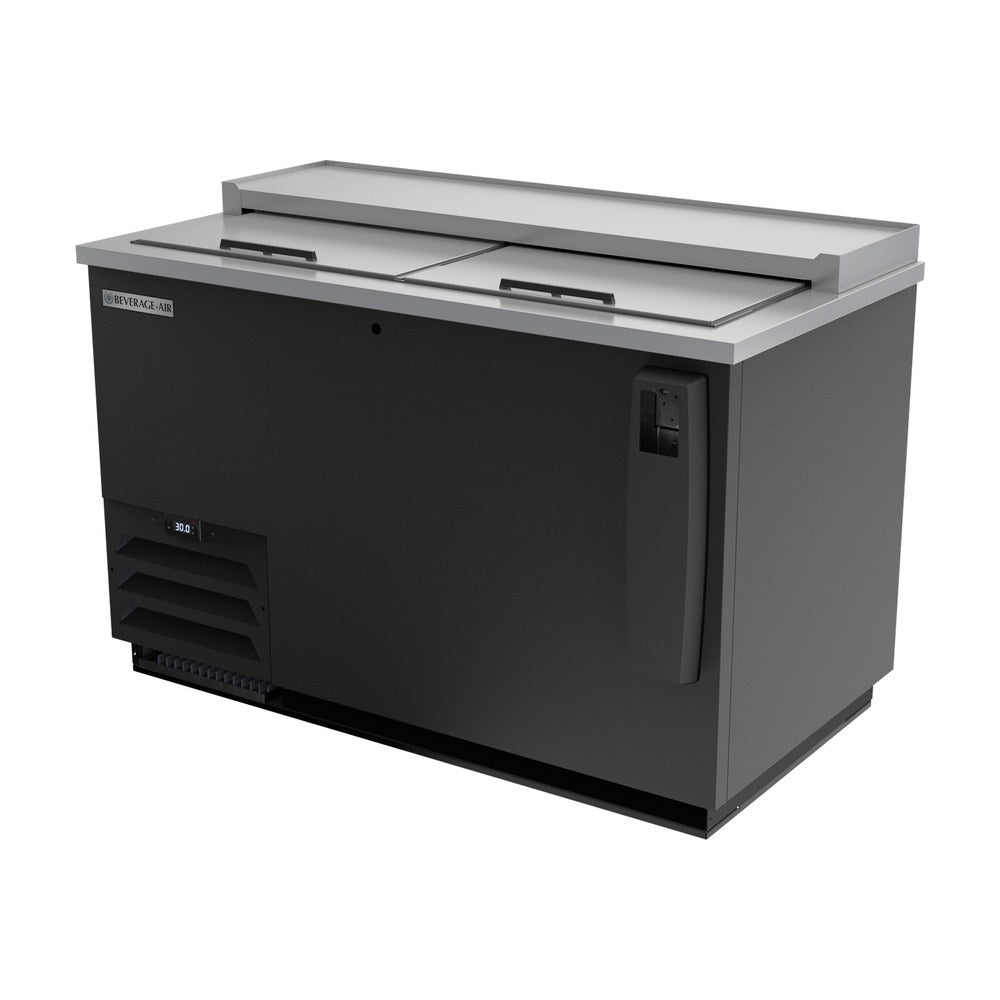Beverage Air DW49HC-B-29 50" bottle cooler, side angle view, lids closed