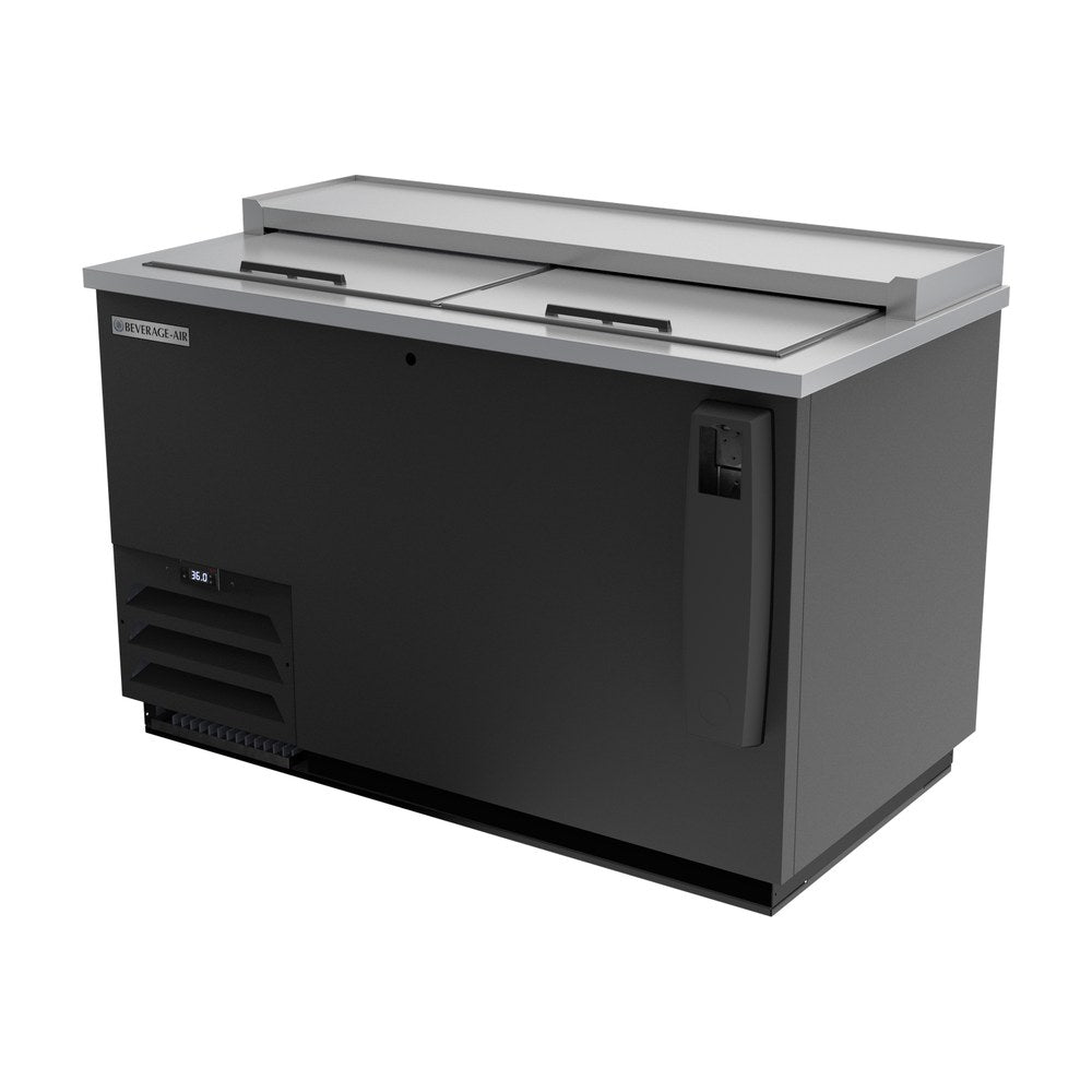 Beverage Air DW49HC-B 50" bottle cooler, side angle view, lids closed