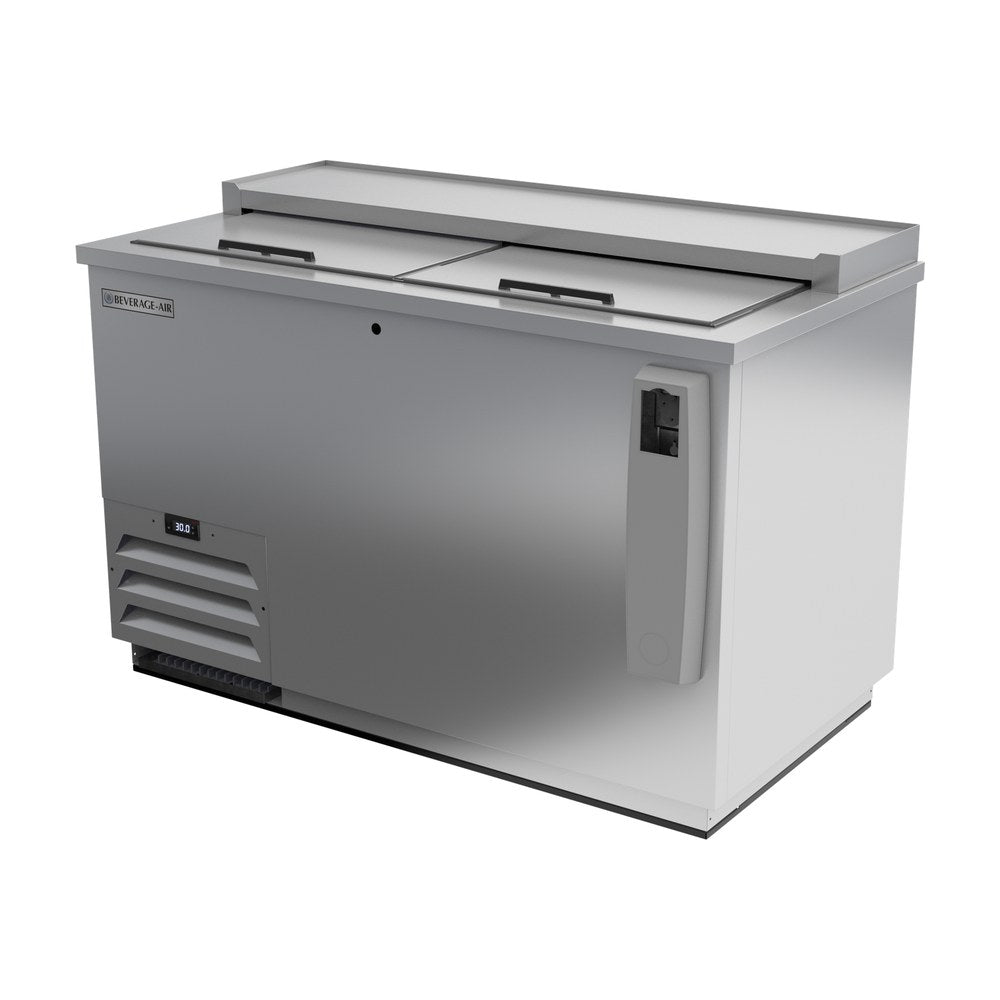 Beverage Air DW49HC-S-29 50" bottle cooler, side angle view, lids closed