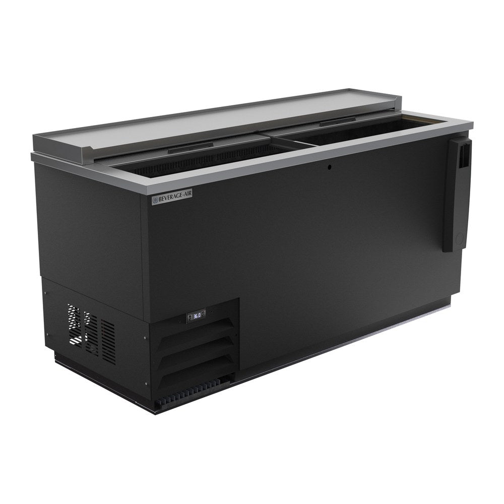 Beverage Air DW64HC-B 65" bottle cooler, with the lids open showing the interior