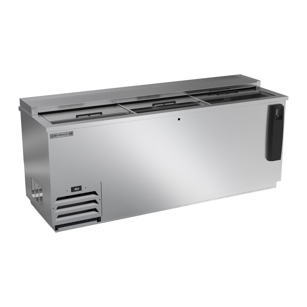 Beverage Air DW79HC-S-29 80" bottle cooler, with the lids open showing the interior