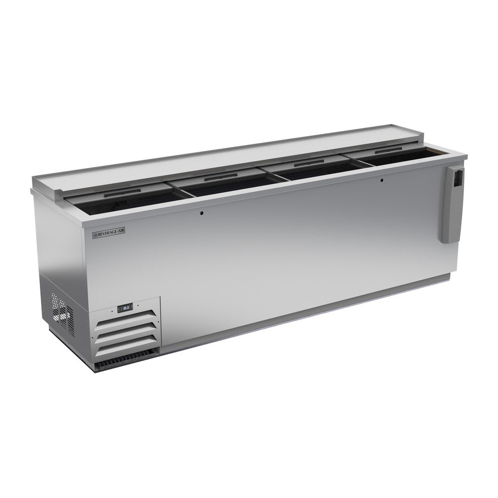 Beverage Air DW94HC-S-29 95" bottle cooler, with the lids open showing the interior