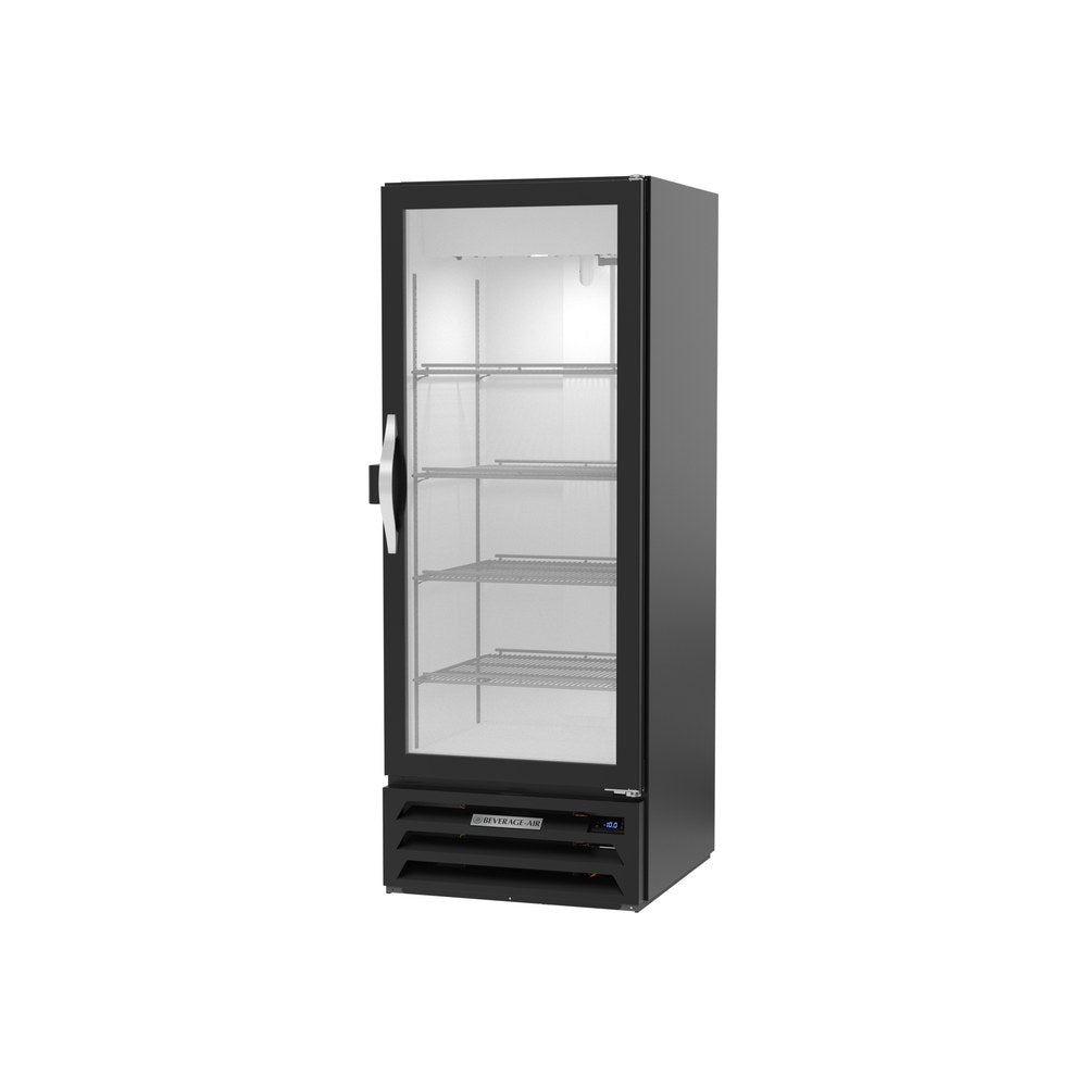 Beverage Air MMF12HC-1-B-IQ 25-1/8" one glass swing door merchandiser freezer, side angle view, door closed