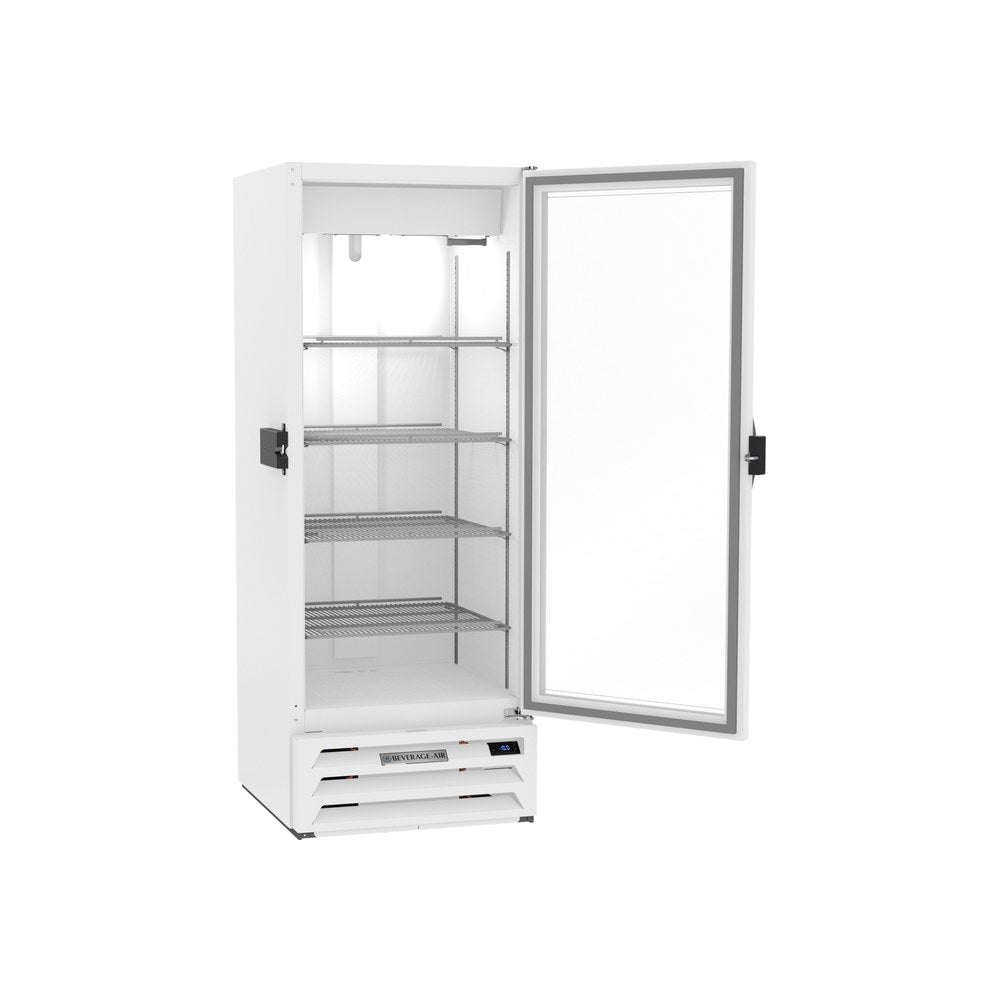 Beverage Air MMF12HC-1-W-IQ 24-1/8" one glass swing door merchandiser freezer, with the door open showing the interior