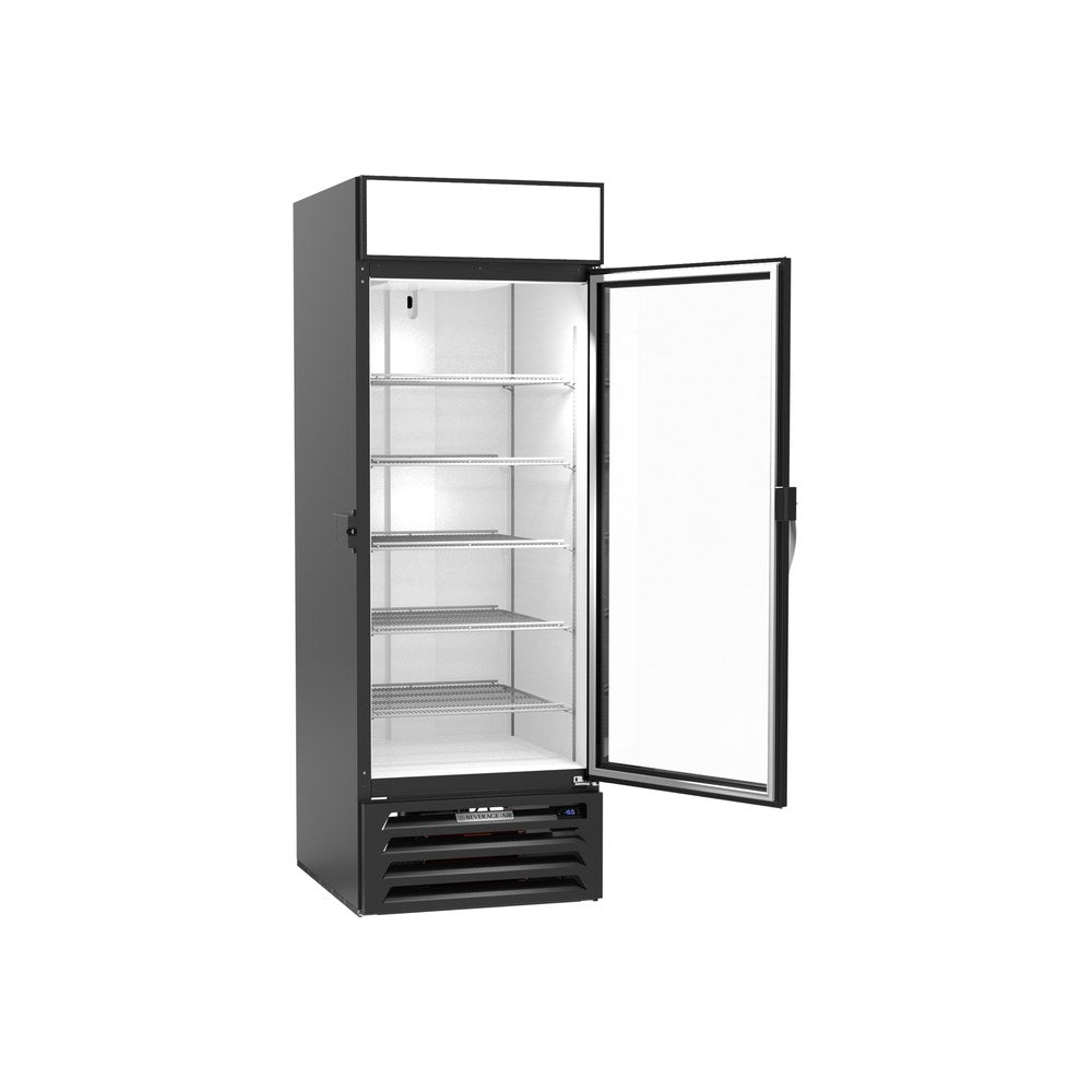Beverage Air MMF23HC-1-B-IQ 28-1/4" one glass swing door merchandiser freezer, with the door open showing the interior