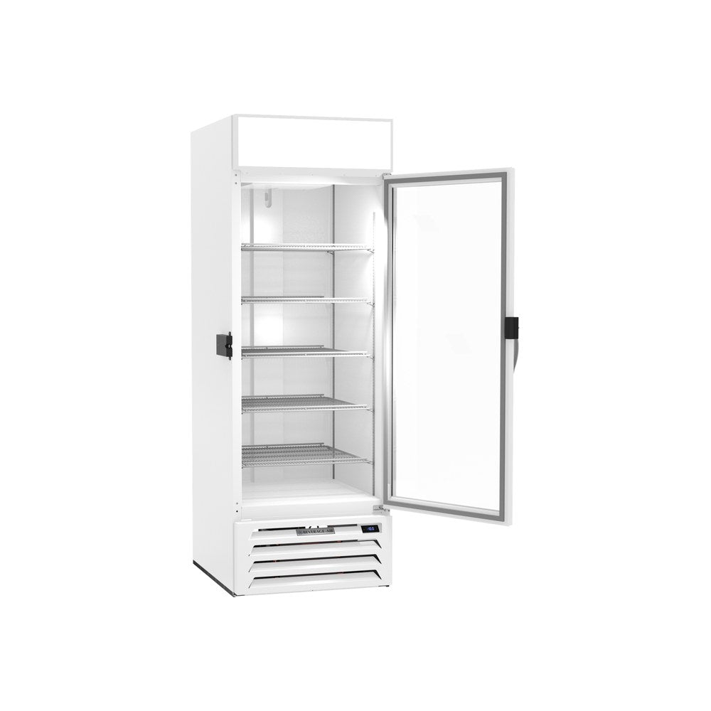 Beverage Air MMF23HC-1-W-IQ 28-1/4" one glass swing door merchandiser freezer, with the door open showing the interior