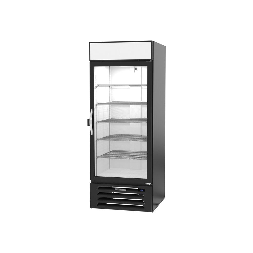 Beverage Air MMF27HC-1-B-IQ 30" one glass swing door merchandiser freezer, side angle view, door closed
