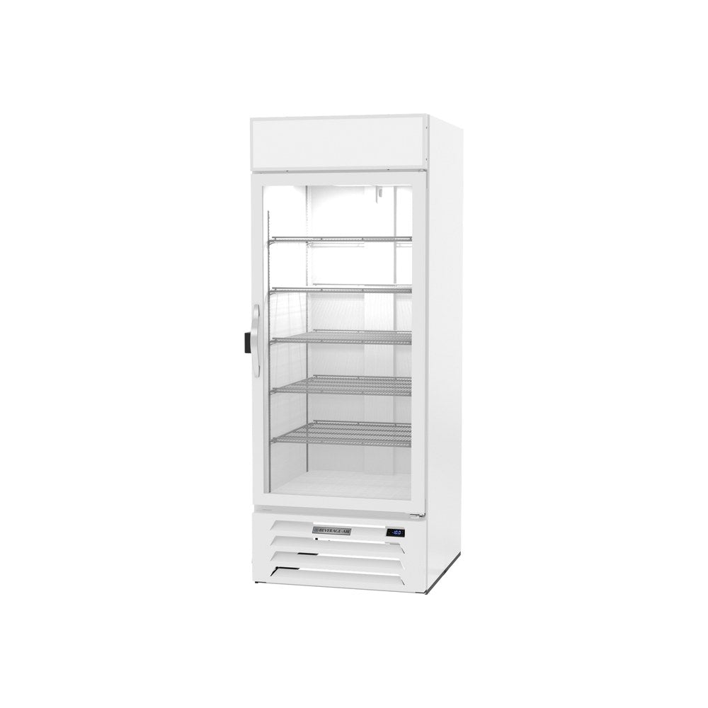 Beverage Air MMF27HC-1-W-IQ 30" one glass swing door merchandiser freezer, side angle view, door closed