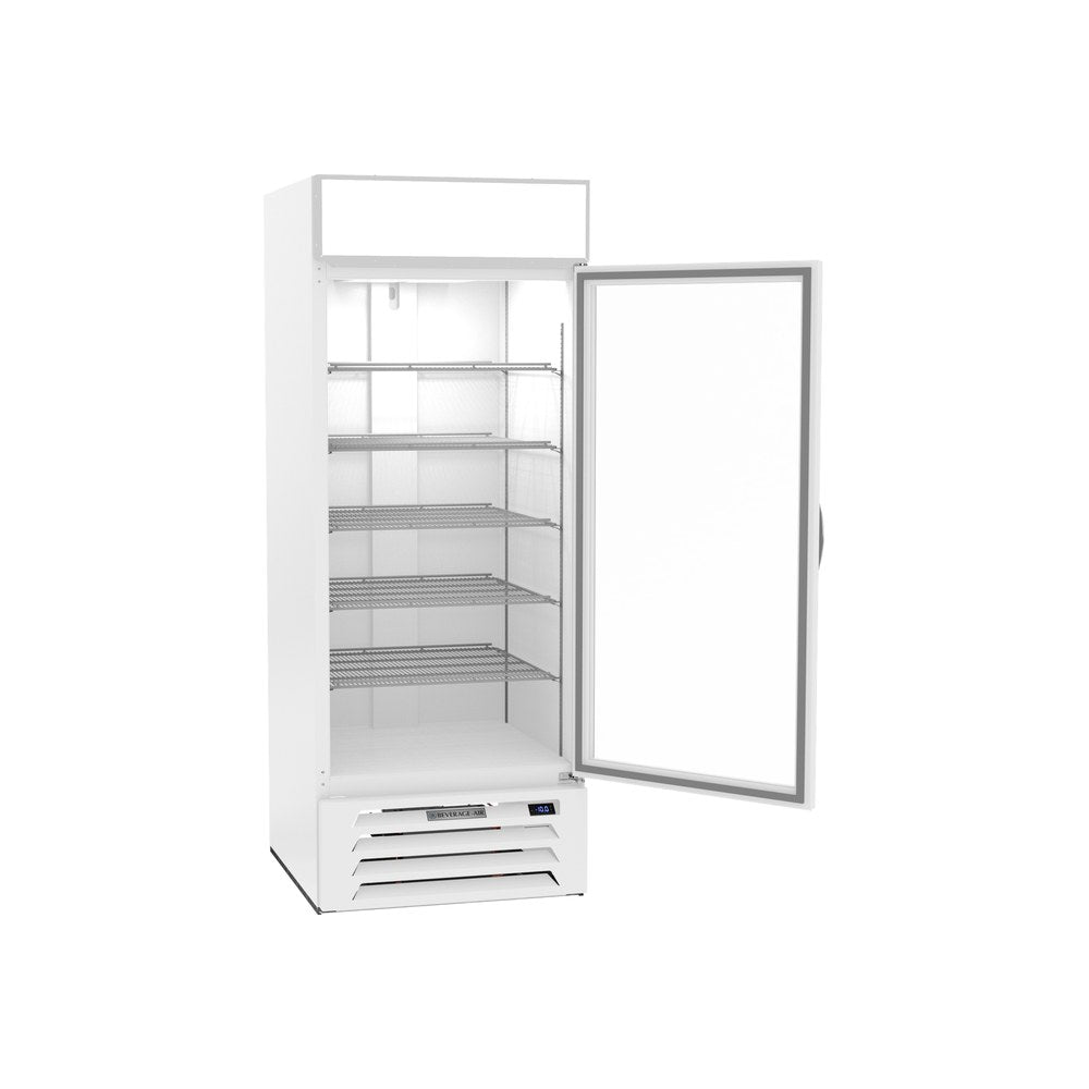 Beverage Air MMF27HC-1-W 30" one glass swing door merchandiser freezer, with the door open showing the interior