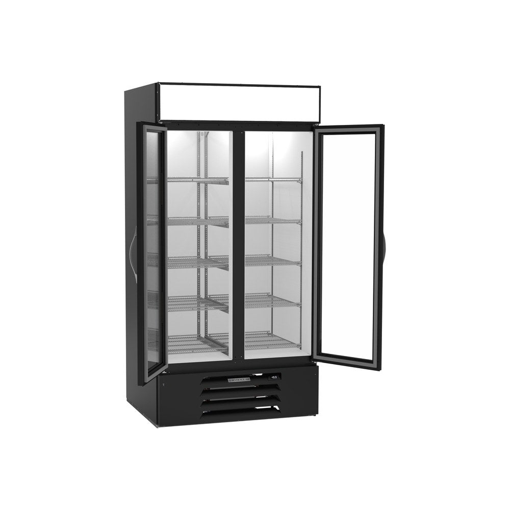 Beverage Air MMF35HC-1-B 39-1/2" two glass swing doors merchandiser freezer, with the doors open showing the interior