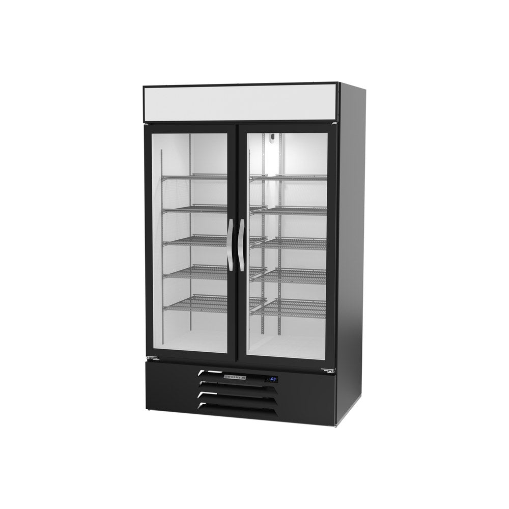 Beverage Air MMF44HC-1-B 47" two glass swing doors merchandiser freezer, side angle view, doors closed