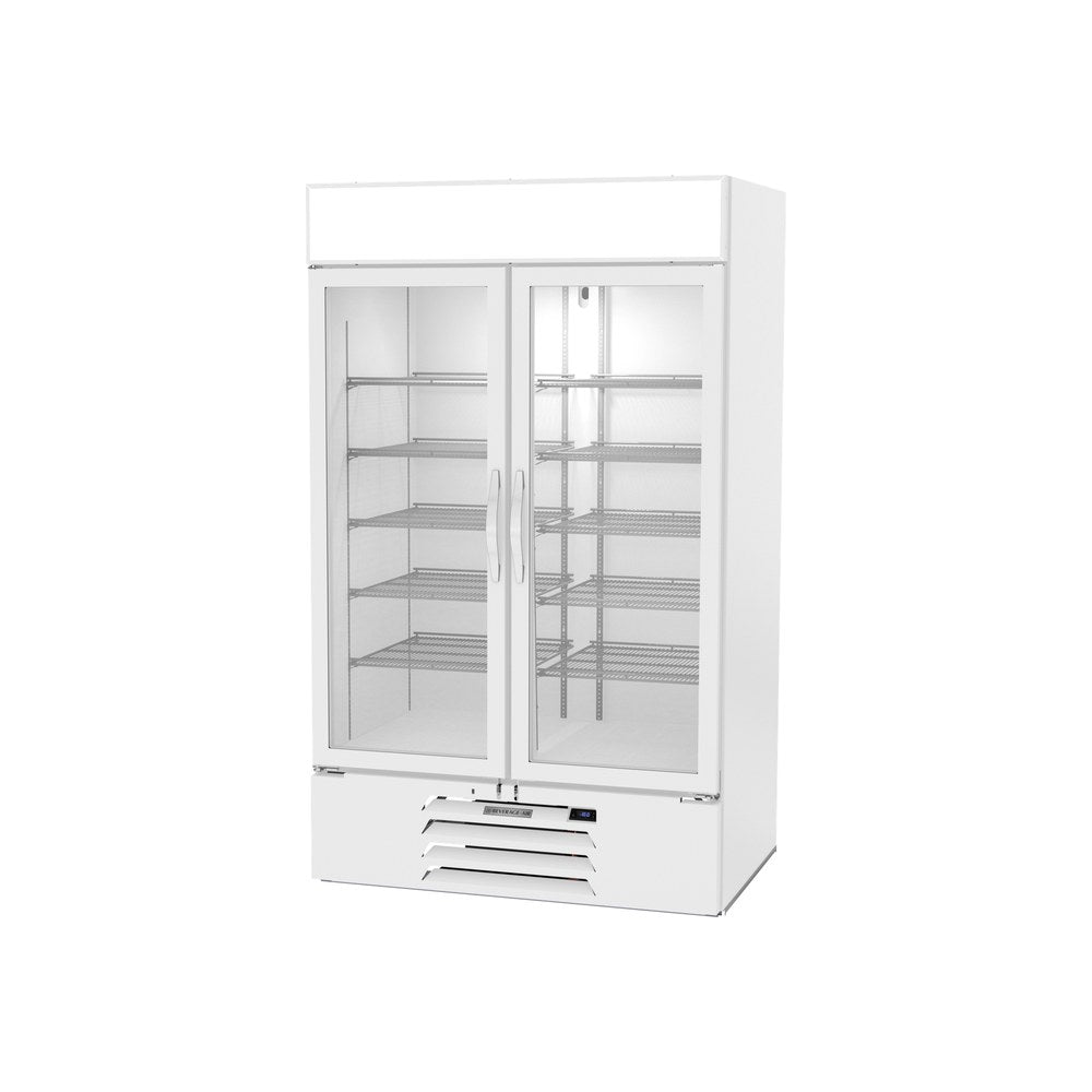 Beverage Air MMF44HC-1-W-IQ 47" two glass swing doors merchandiser freezer, side angle view, doors closed