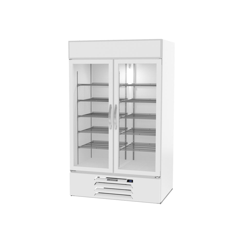 Beverage Air MMF44HC-1-W 47" two glass swing doors merchandiser freezer, side angle view, doors closed