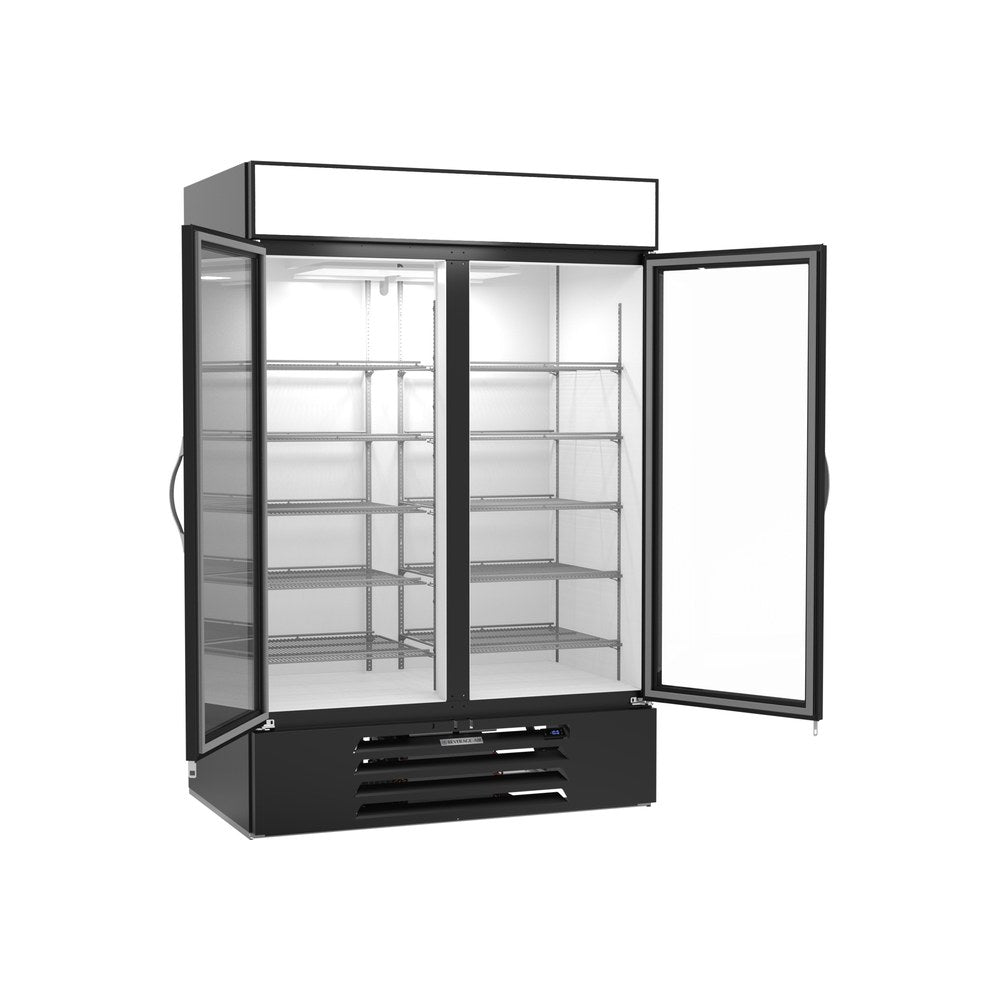 Beverage Air MMF49HC-1-B-IQ 52" two glass swing doors merchandiser freezer, with the doors open showing the interior