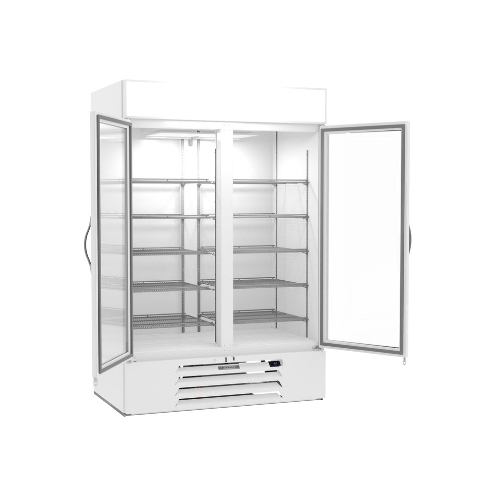 Beverage Air MMF49HC-1-W-IQ 52" two glass swing doors merchandiser freezer, with the doors open showing the interior