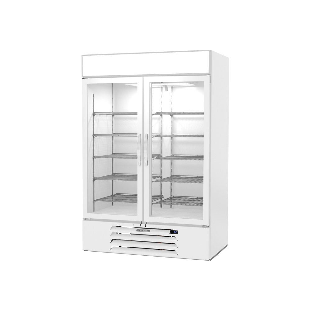 Beverage Air MMF49HC-1-W-IQ 52" two glass swing doors merchandiser freezer, side angle view, doors closed
