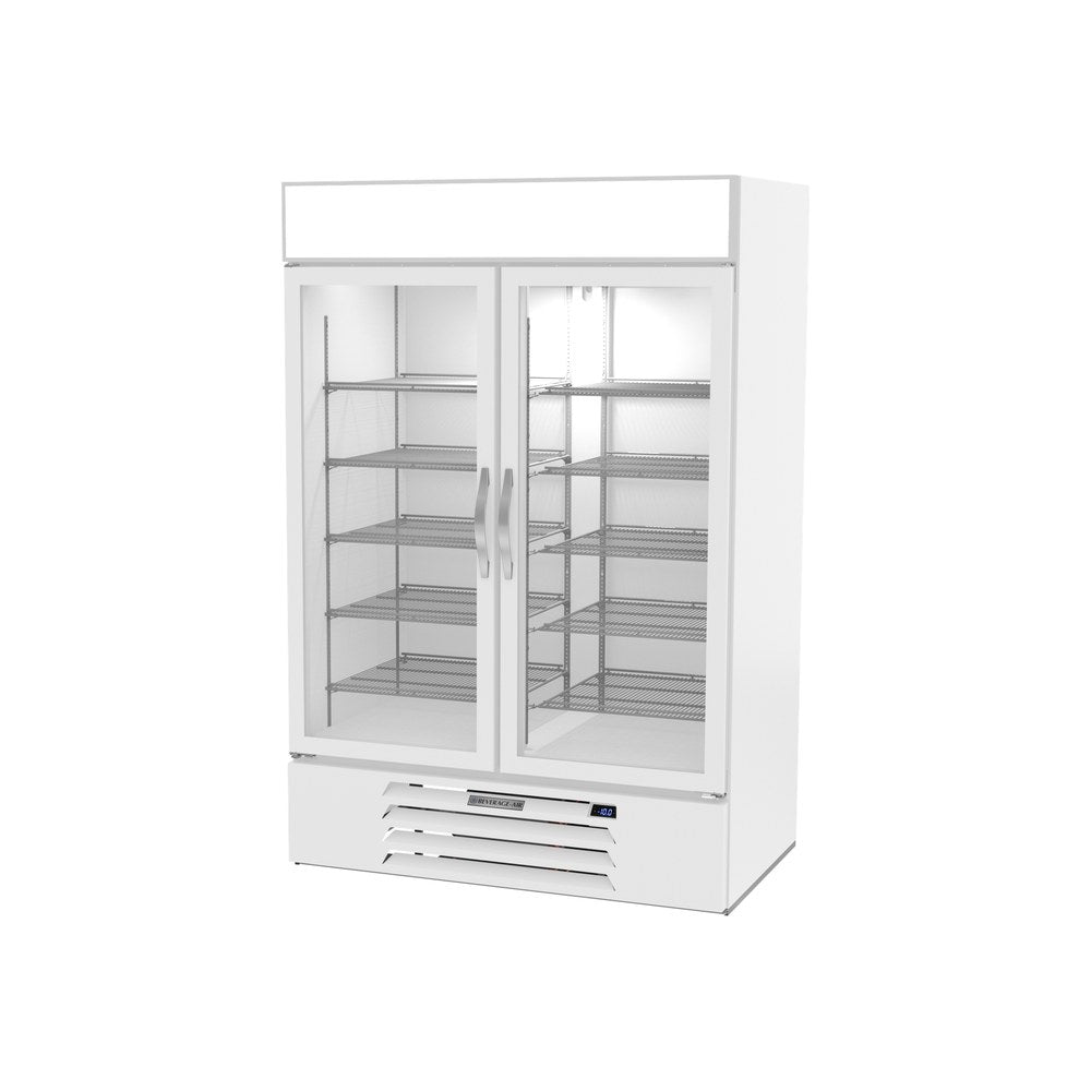 Beverage Air MMF49HC-1-W 52" two glass swing doors merchandiser freezer, side angle view, doors closed