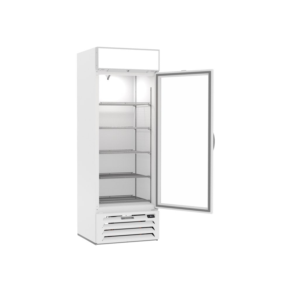 Beverage Air MMR19HC-1-W 27-1/4" one glass swing door merchandiser refrigerator, with the door open showing the interior