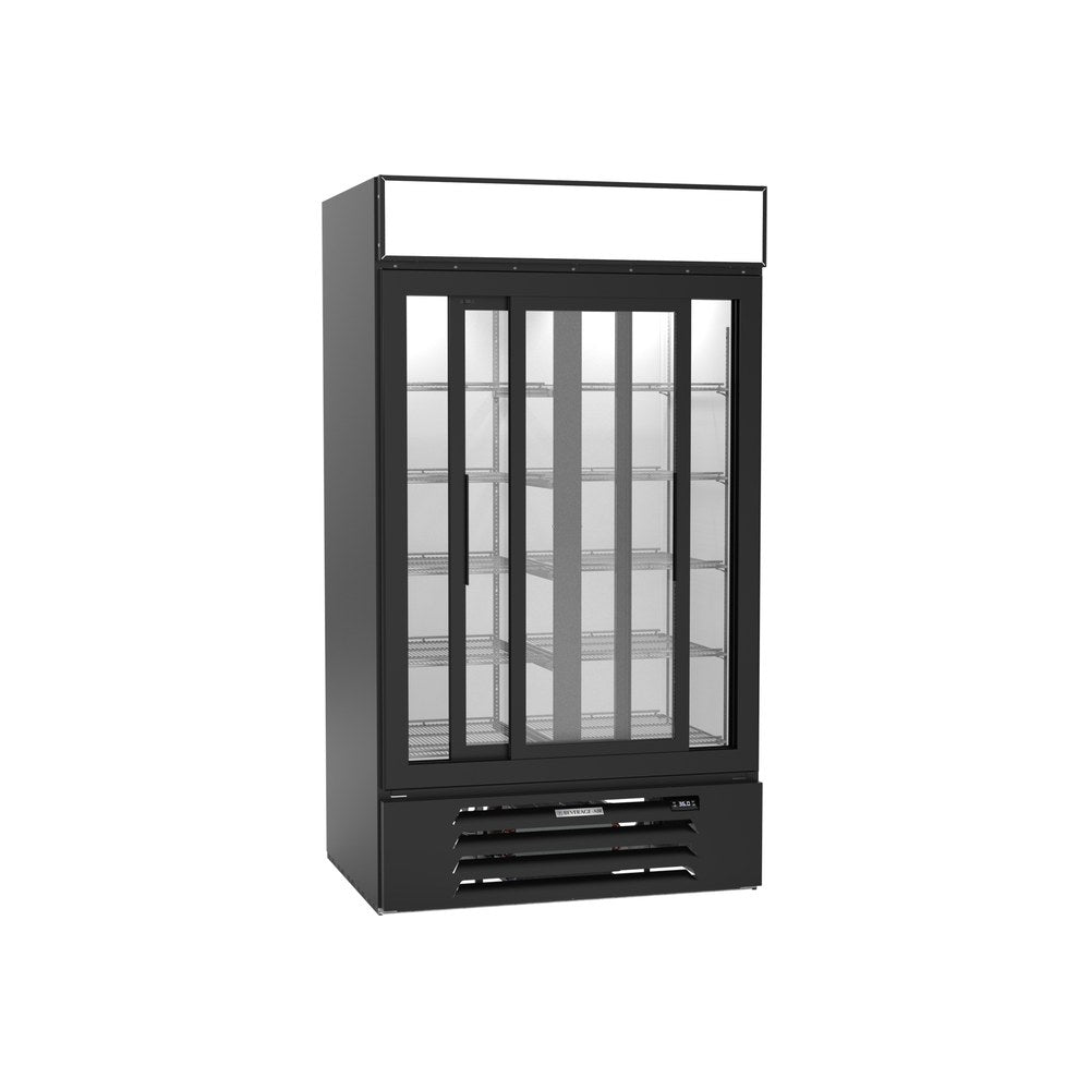 Beverage Air MMR38HC-1-B 43-1/2" two slide glass doors merchandiser refrigerator, with the doors open showing the interior