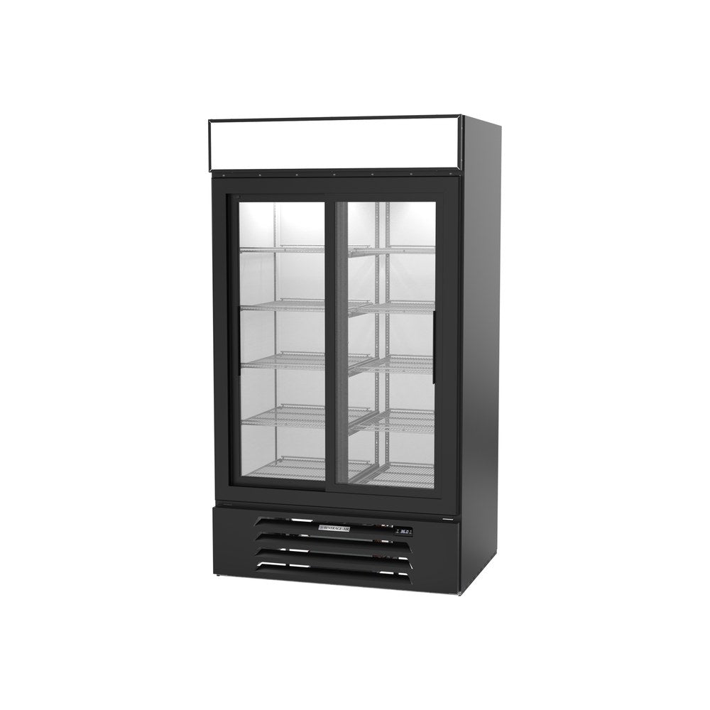 Beverage Air MMR38HC-1-B 43-1/2" two slide glass doors merchandiser refrigerator, side angle view, doors closed