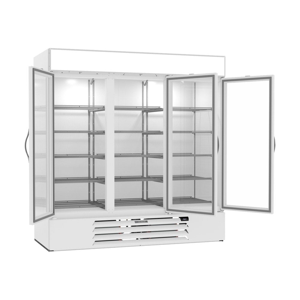 Beverage Air MMR72HC-1-W 75" three glass swing doors merchandiser refrigerator, with the doors open showing the interior