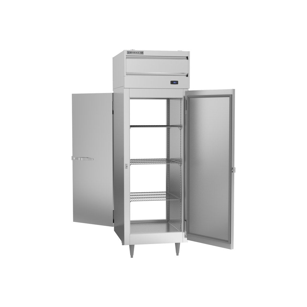 Beverage Air PRD1HC-1AS 26-1/2" one solid door pass-thru refrigerator, with the doors open showing the interior