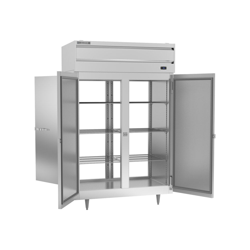 Beverage Air PRD2HC-1AS 52-1/8" two solid doors pass-thru refrigerator, with the doors open showing the interior