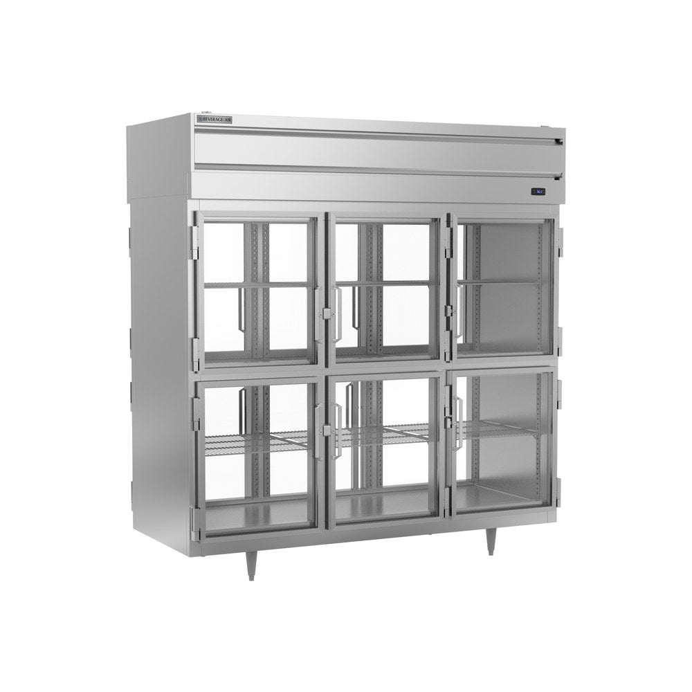 Beverage Air PRD3HC-1BHG 77-3/4" six half glass doors pass-thru refrigerator, front view, doors closed