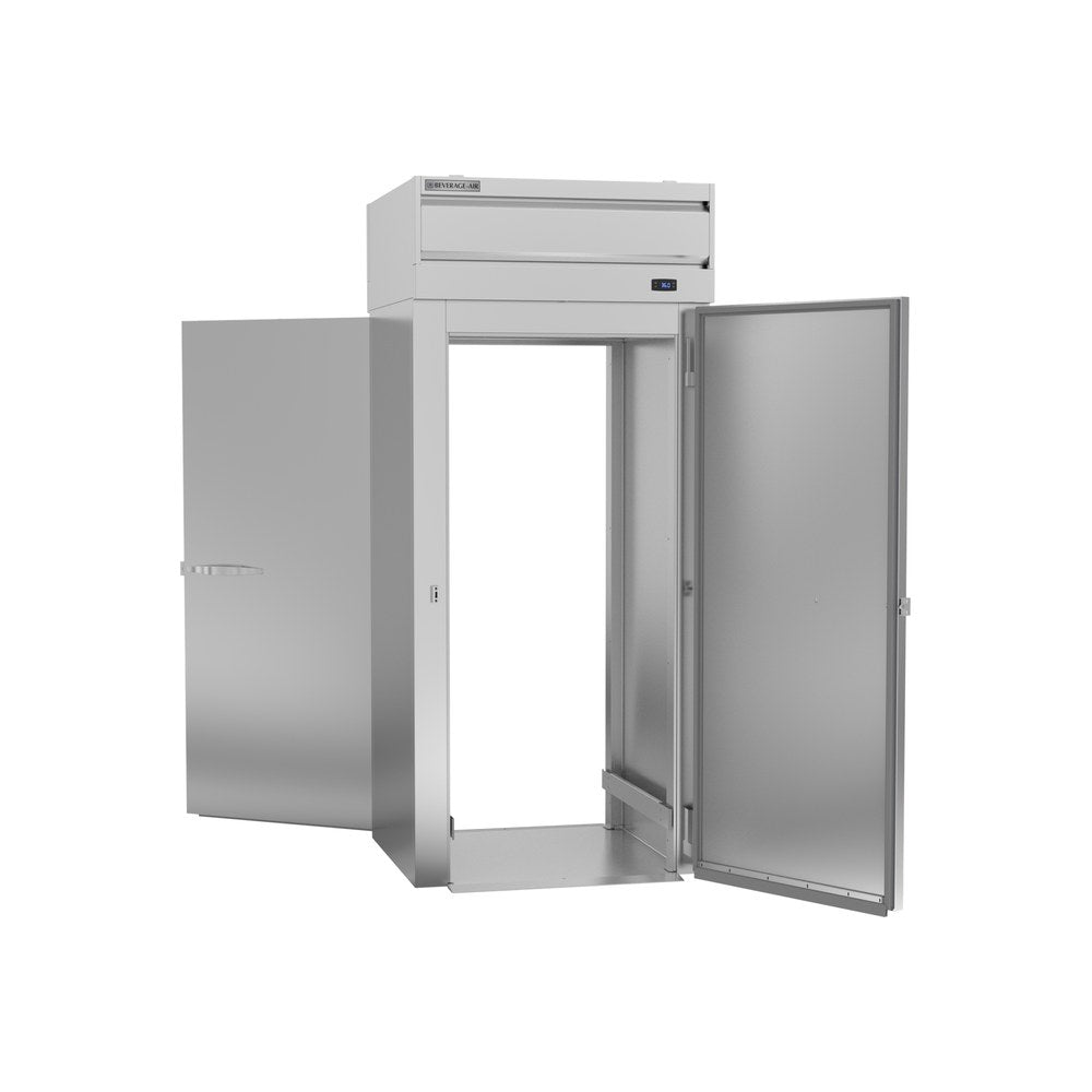 Beverage Air PRT1HC-1AS 36-1/2" one solid door roll-thru refrigerator, with the doors open showing the interior