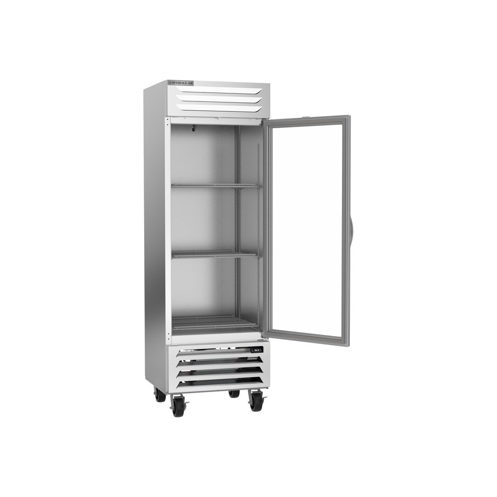 Beverage Air RB19HC-1G 27-1/4" one glass door reach-in refrigerator, with the door open showing the interior