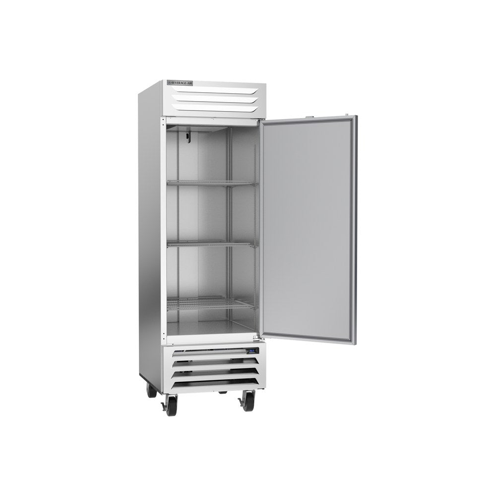 Beverage Air RB23HC-1S 27-1/4" one solid door reach-in refrigerator, with the door open showing the interior