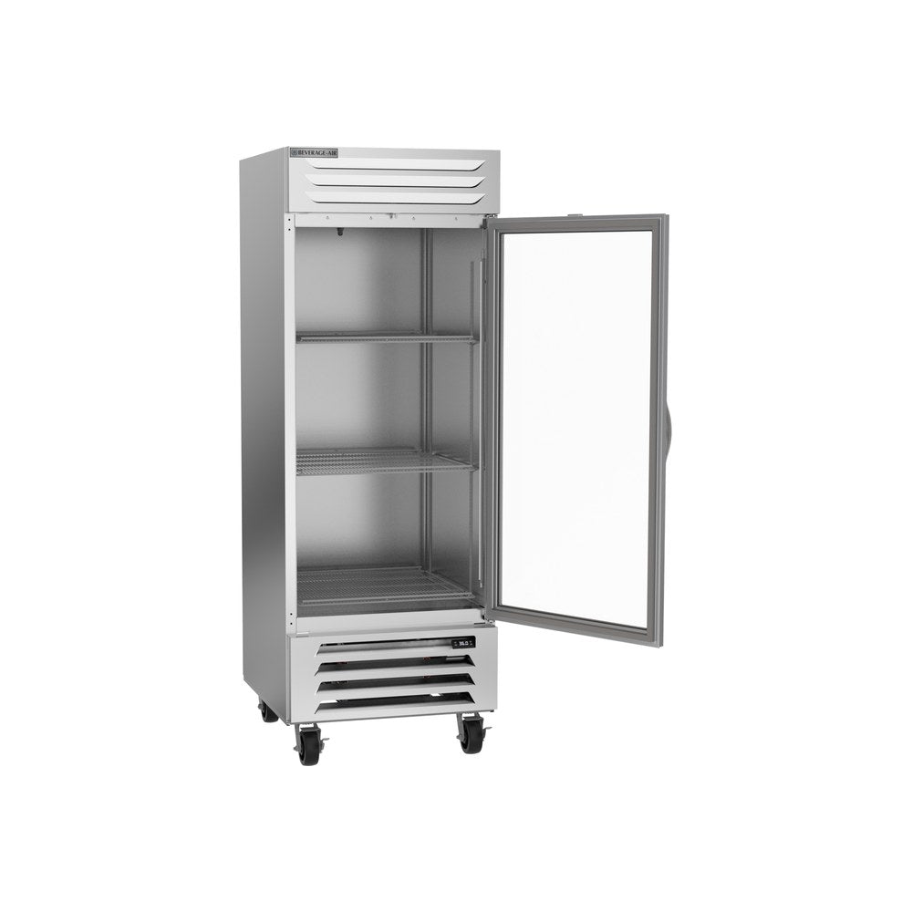 Beverage Air RB27HC-1G 30" one glass door reach-in refrigerator, with the door open showing the interior