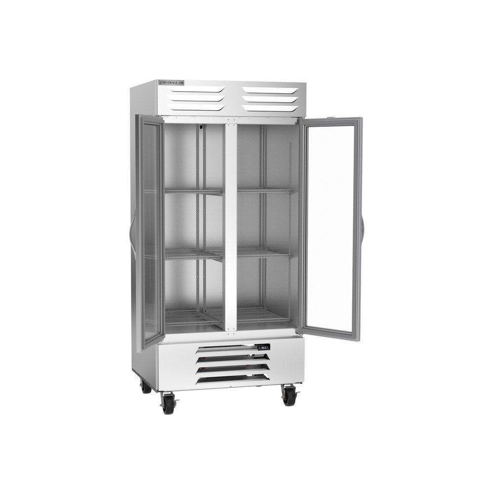 Beverage Air RB35HC-1G 39-1/2" two glass doors reach-in refrigerator, with the doors open showing the interior