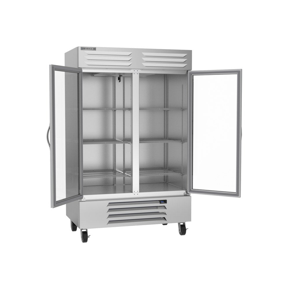 Beverage Air RB49HC-1G 52" two glass doors reach-in refrigerator, with the doors open showing the interior