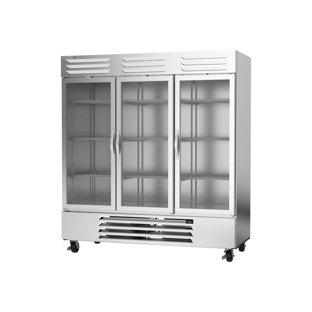 Beverage Air RB72HC-1G 75" three glass doors reach-in refrigerator, side angle view, doors closed