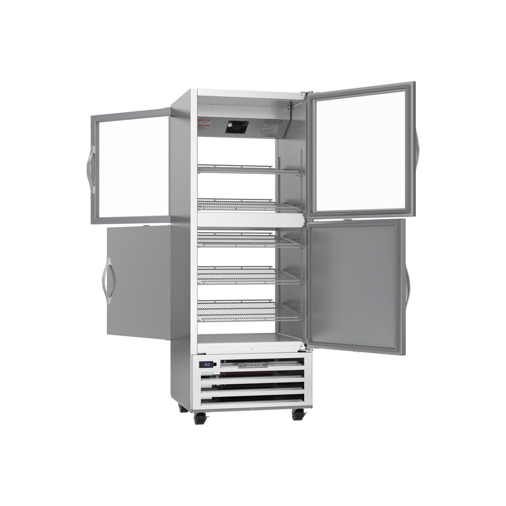 Beverage Air RID18HC-HGS 27-1/4" one half glass door and one half solid door pass-thru refrigerator, with the doors open showing the interior