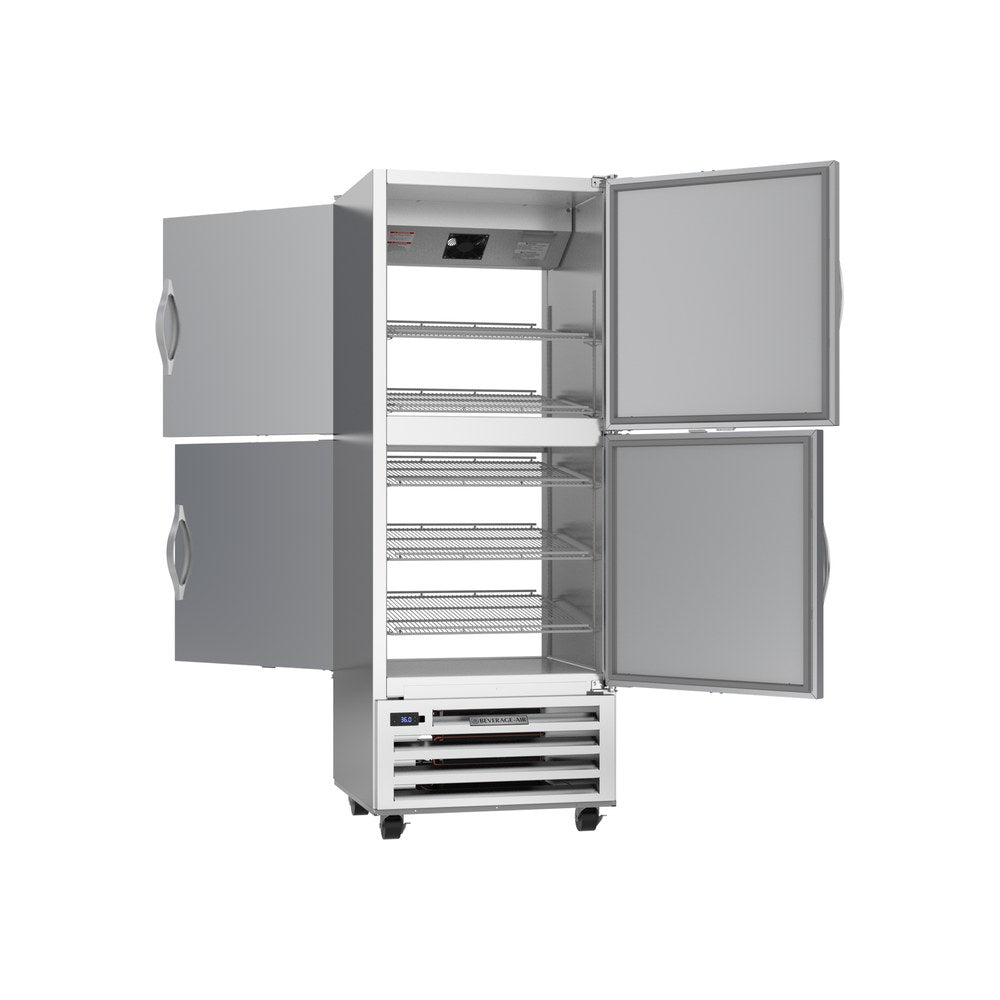 Beverage Air RID18HC-HS 27-1/4" two half solid doors pass-thru refrigerator, with the doors open showing the interior