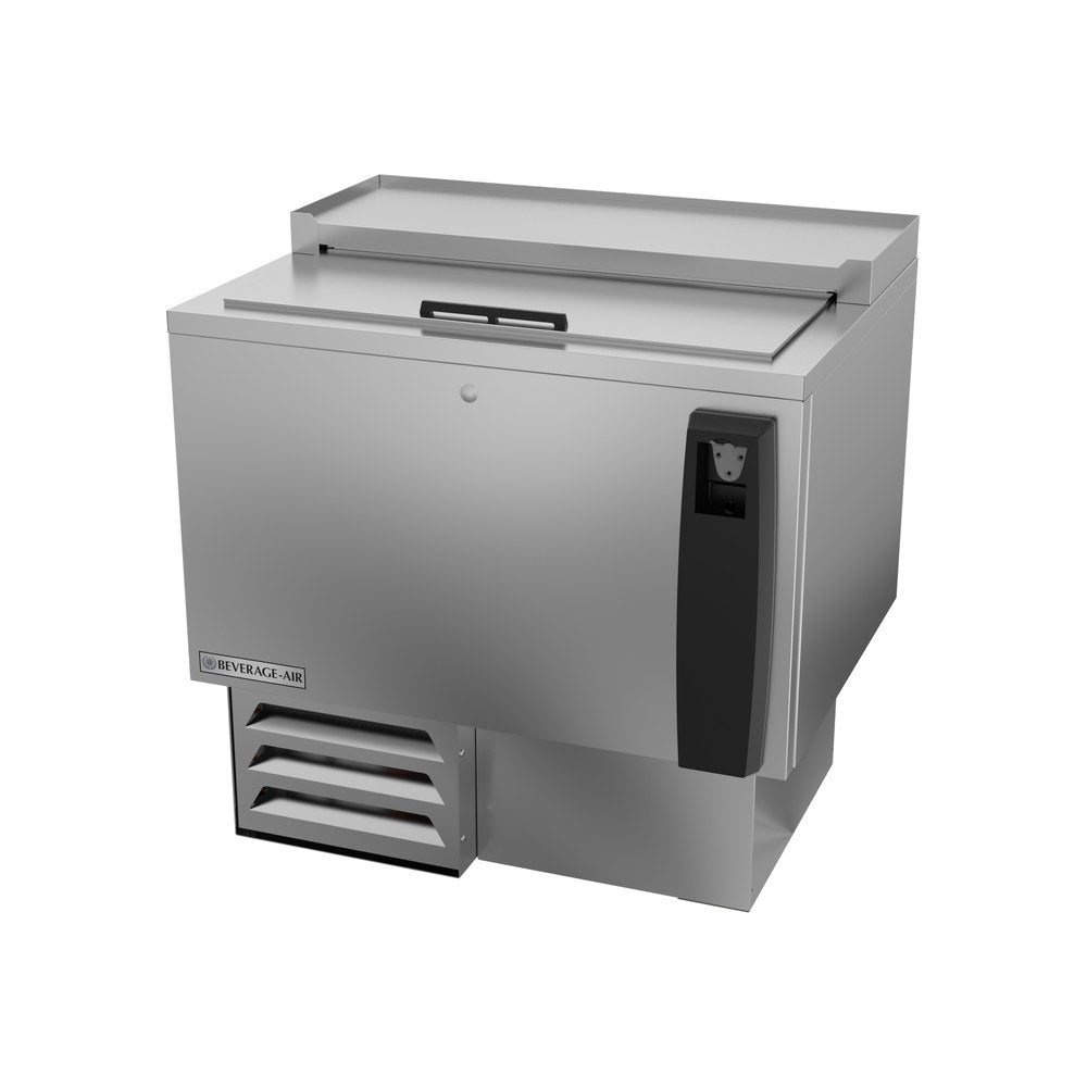 Beverage Air SF34HC-S 34" bottle cooler, side angle view, lids closed