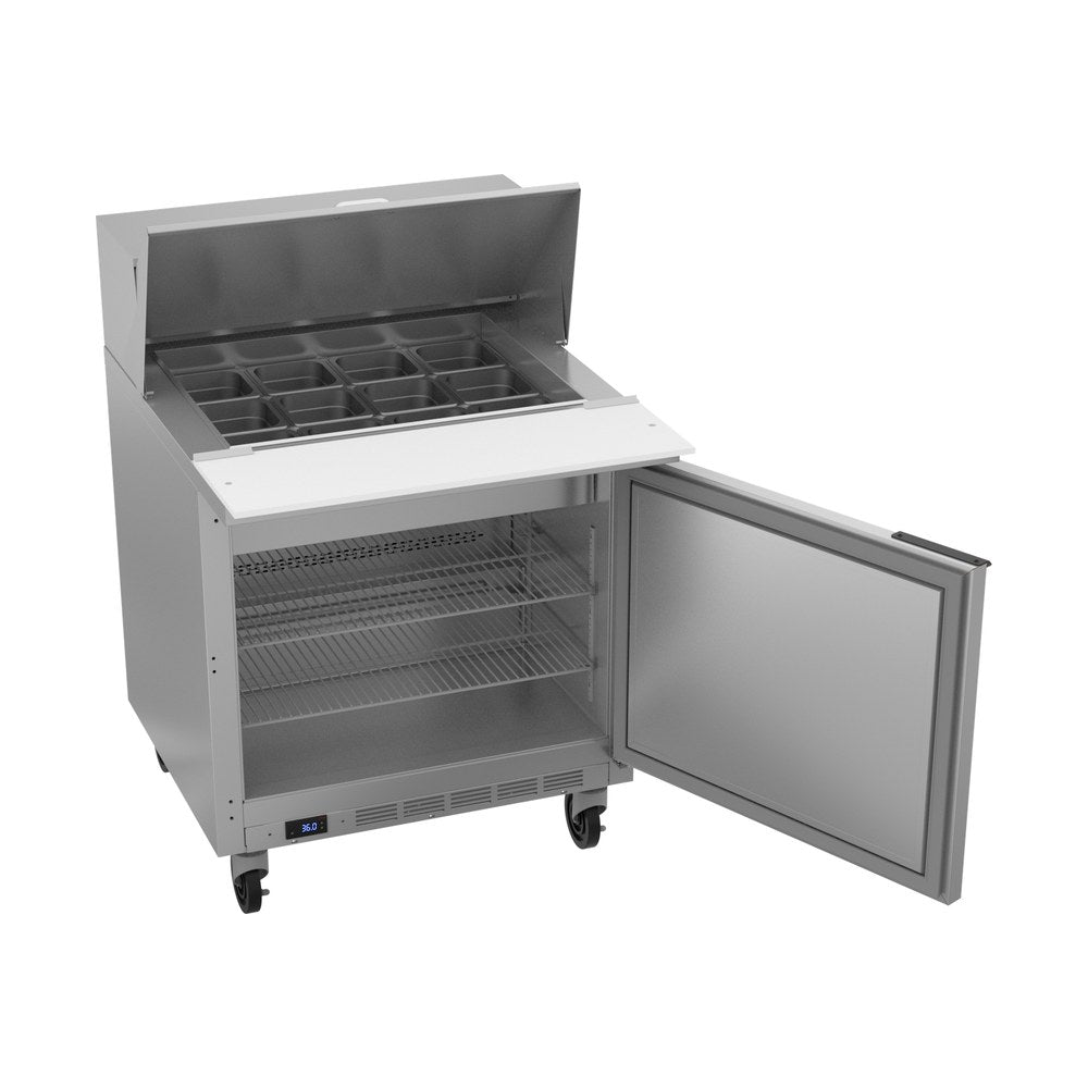 Beverage Air SPE32HC-12M 32" one door sandwich prep table, with the door open showing the interior