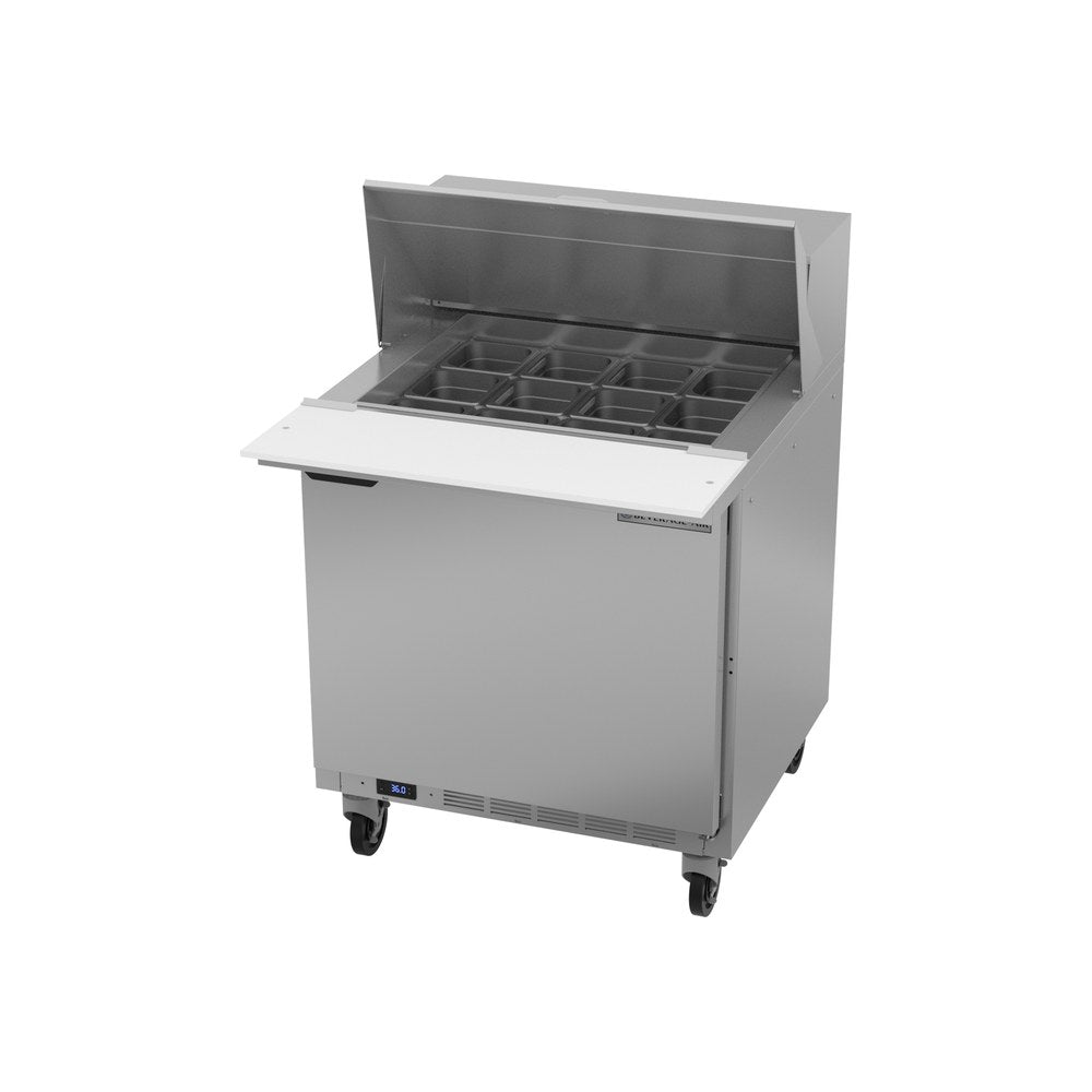 Beverage Air SPE32HC-12M 32" one door sandwich prep table, side angle view, door closed