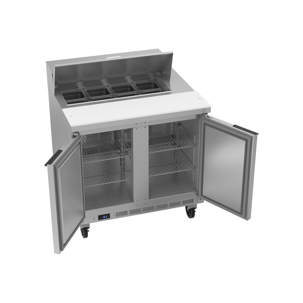 Beverage Air SPE36HC-08 36" two doors sandwich prep table, with the doors open showing the interior