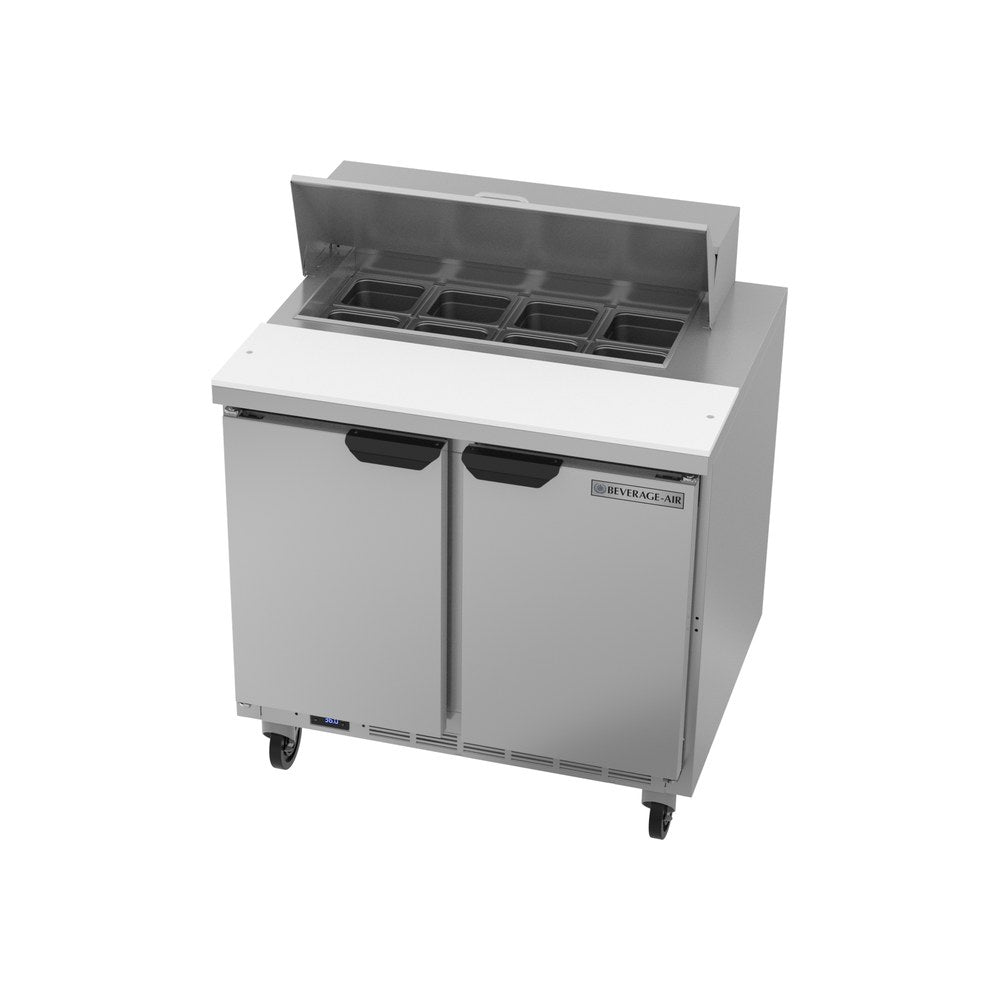 Beverage Air SPE36HC-08 36" two doors sandwich prep table, side angle view, doors closed