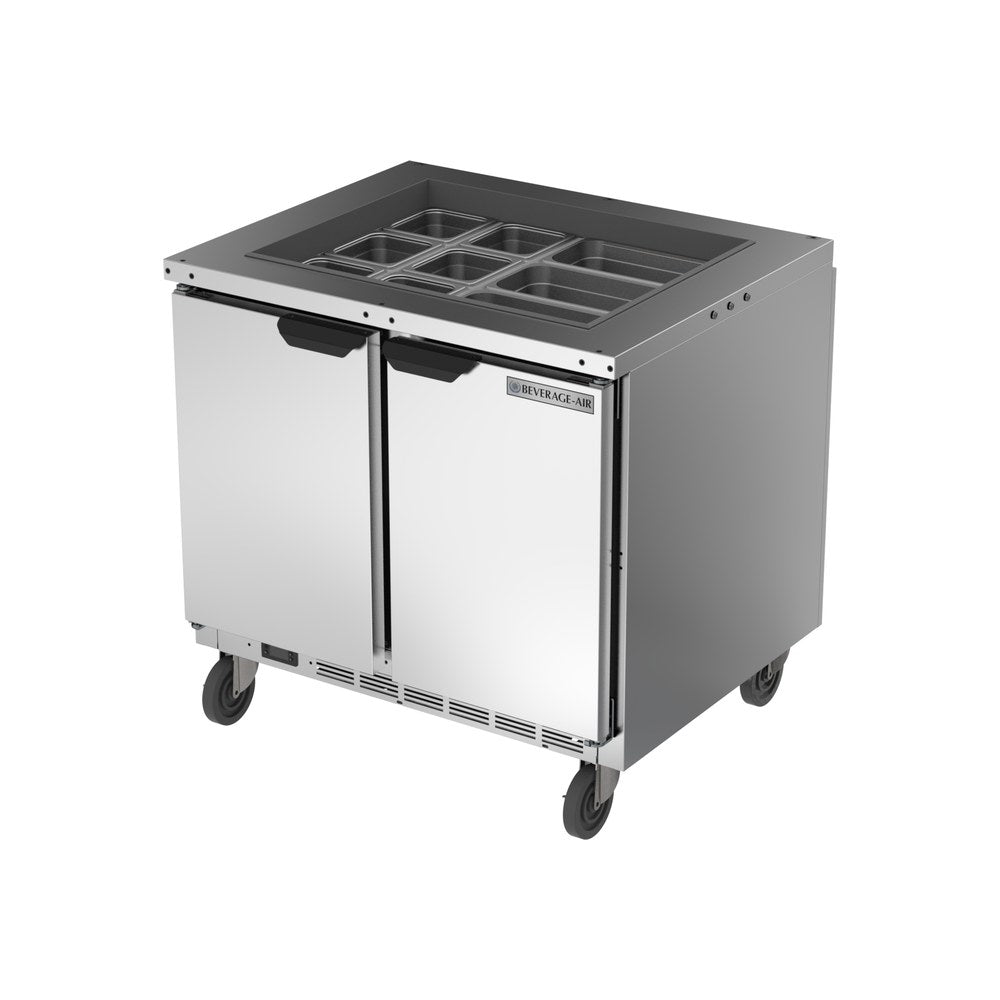 Beverage Air SPE36HC-S 36-5/8" salad top counter, side angle view, doors closed