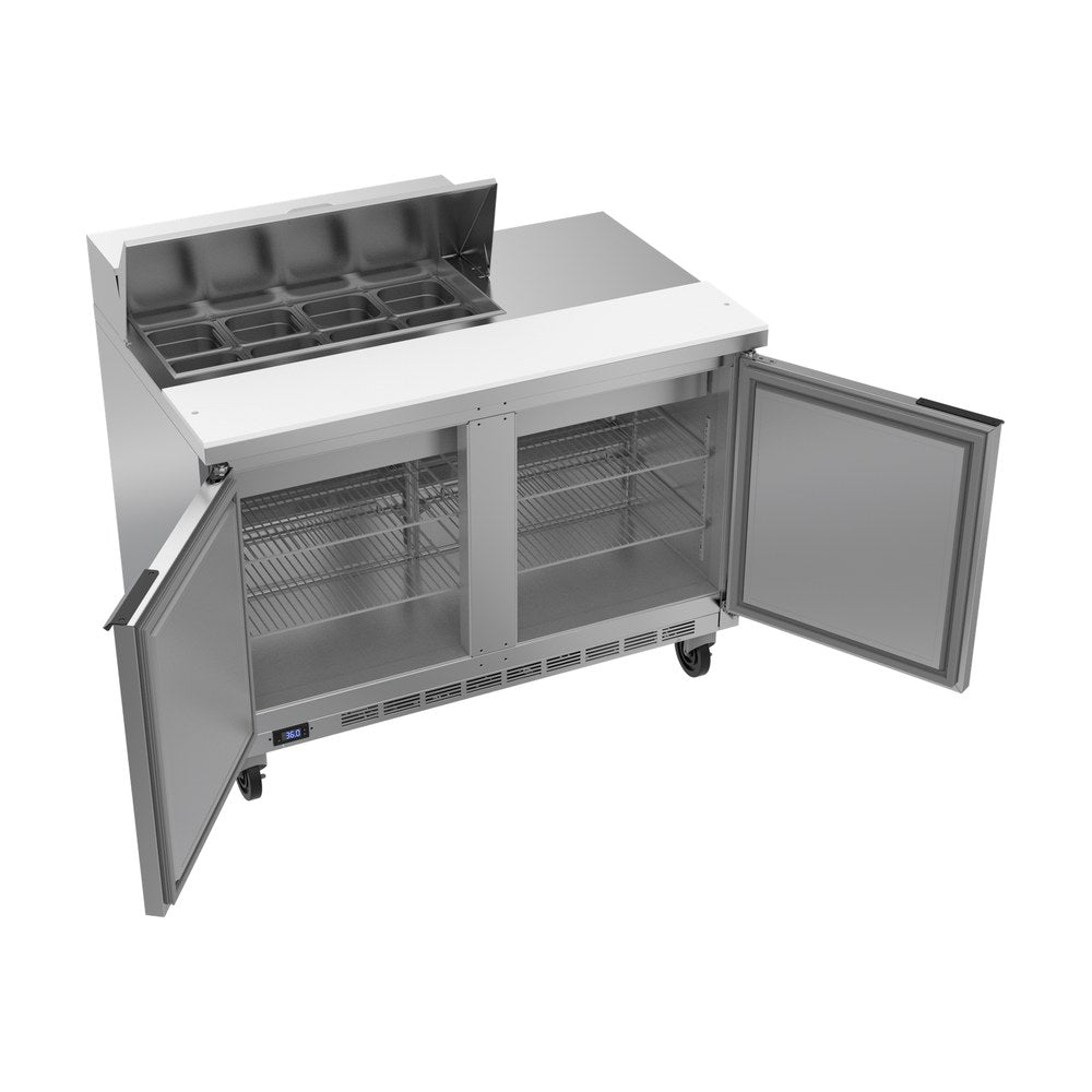 Beverage Air SPE48HC-08 48" two doors sandwich prep table, with the doors open showing the interior