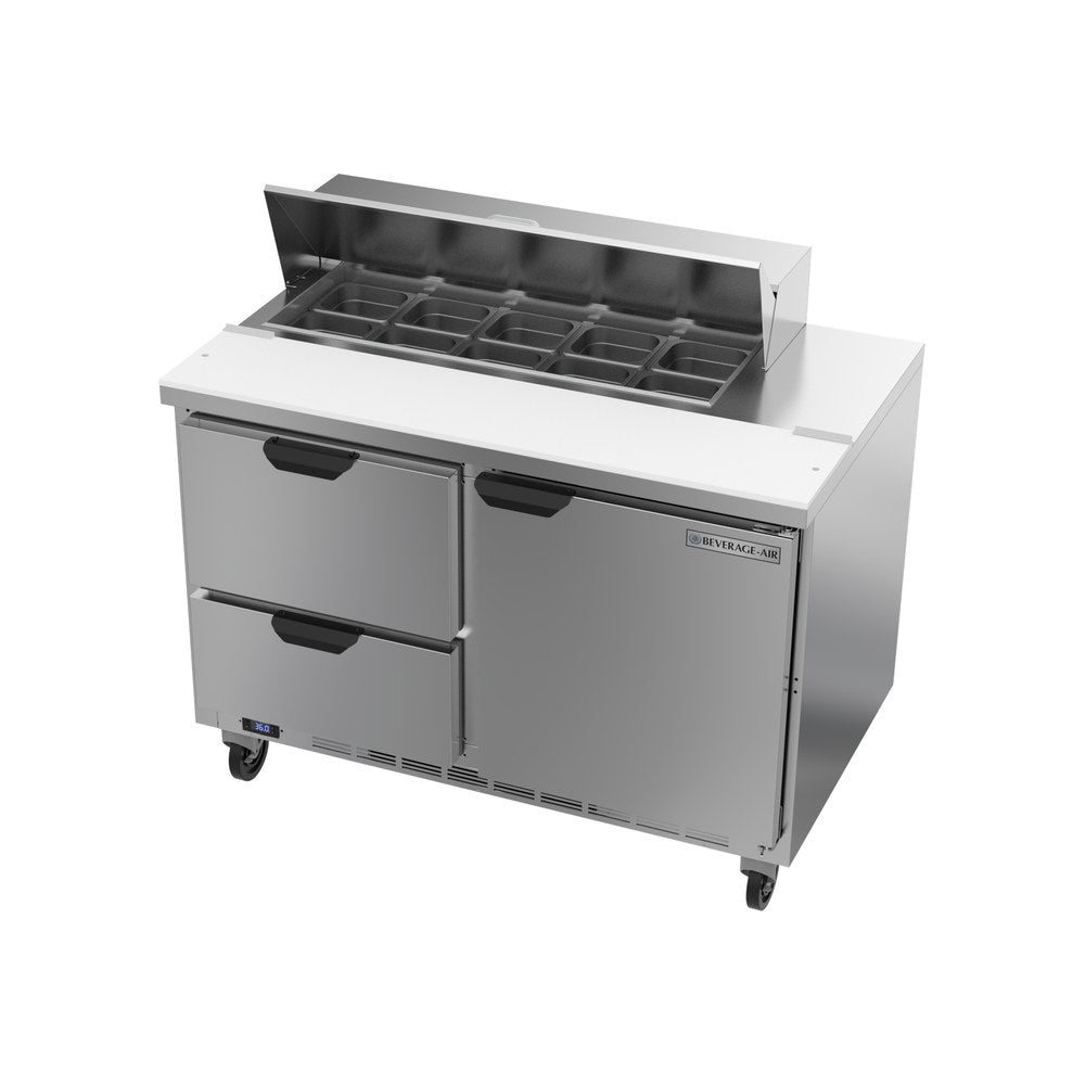 Beverage Air SPED48HC-10-2 48" one door and two drawers sandwich prep table, side angle view, door closed