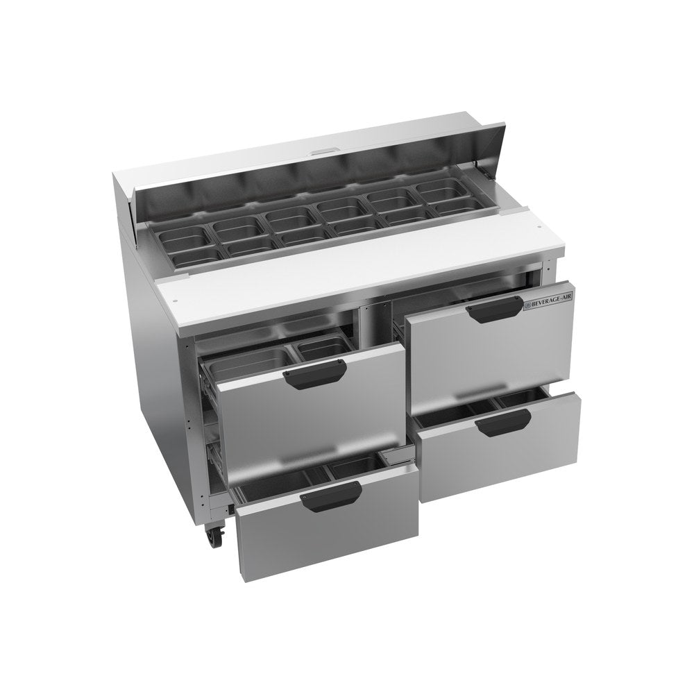 Beverage Air SPED48HC-12-4 48" four drawers sandwich prep table, with the door open showing the interior