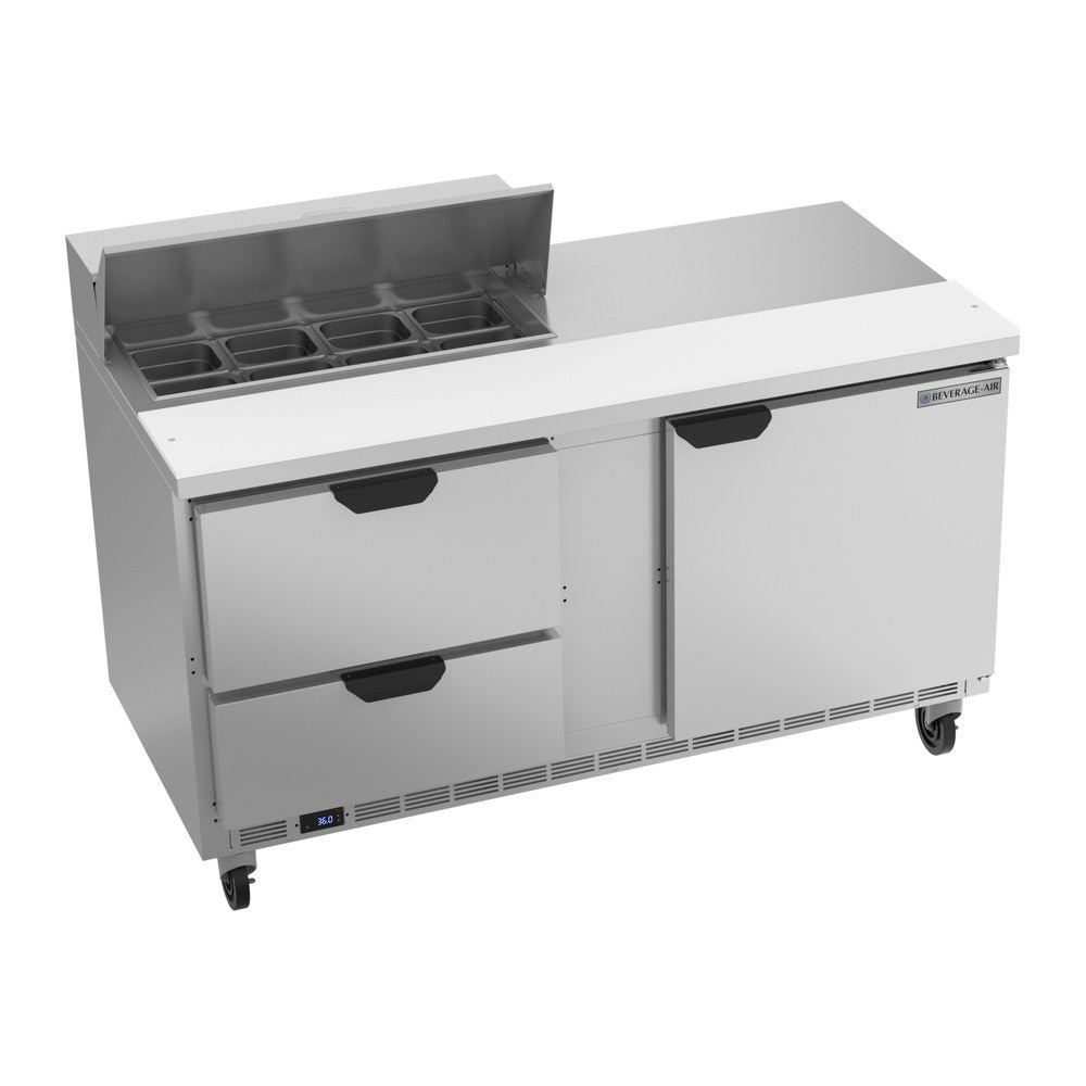 Beverage Air SPED60HC-08-2 60" one door and two drawers sandwich prep table, front view, door closed